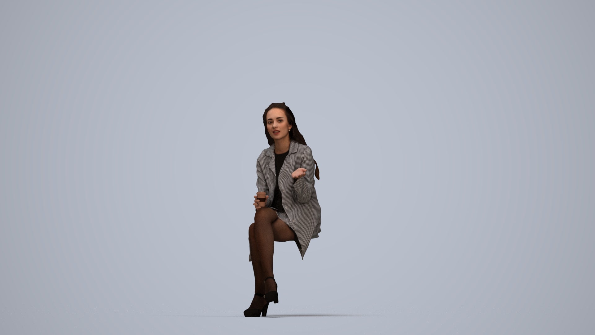 3D human model woman business sitting, photogrammetry scanned person for archviz, top-down view render