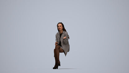 3D human model woman business sitting, photogrammetry scanned person for archviz, top-down view render