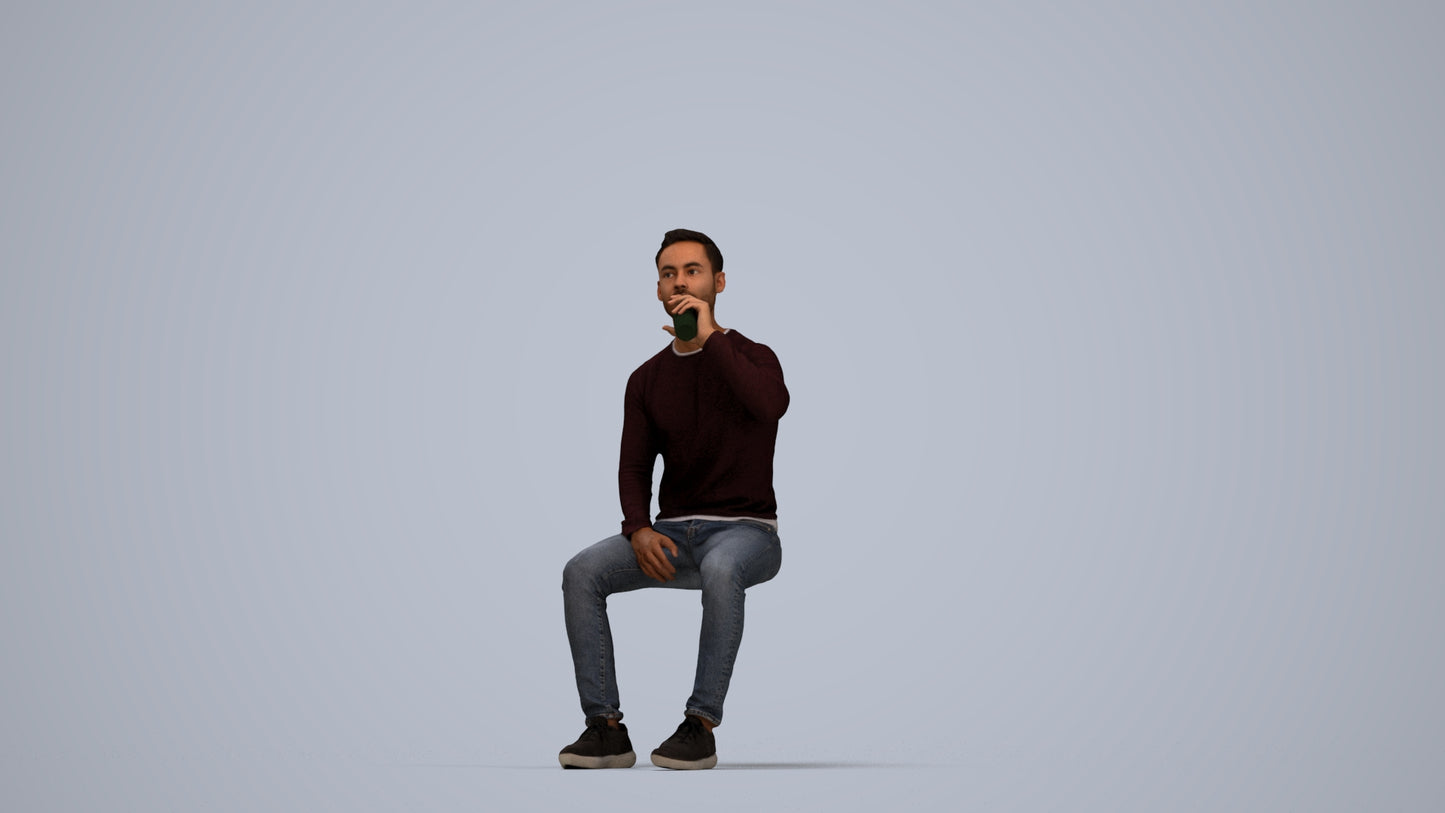realistic 3D man casual sitting, scanned archviz people for Blender and 3ds Max, top-down view render
