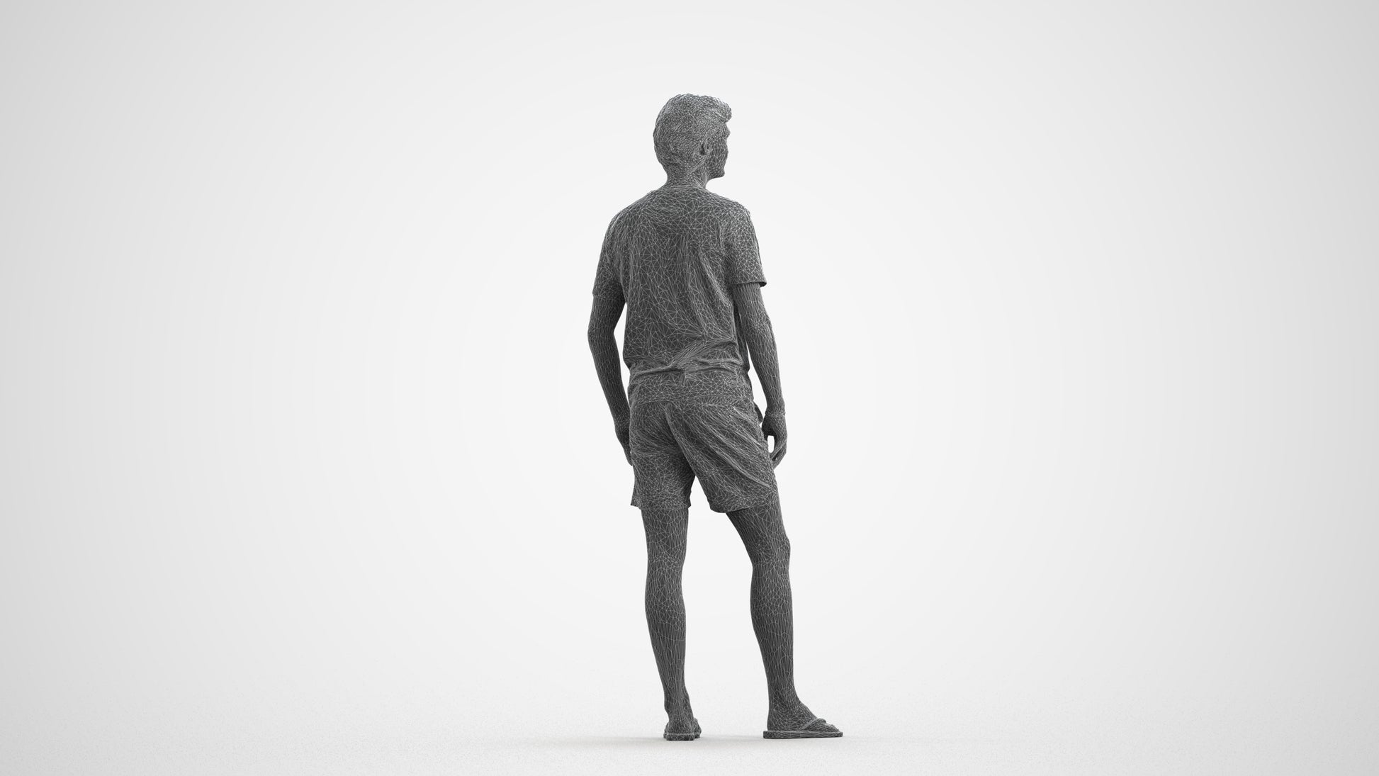3D human model man casual standing, photogrammetry scanned person for archviz, wireframe front view
