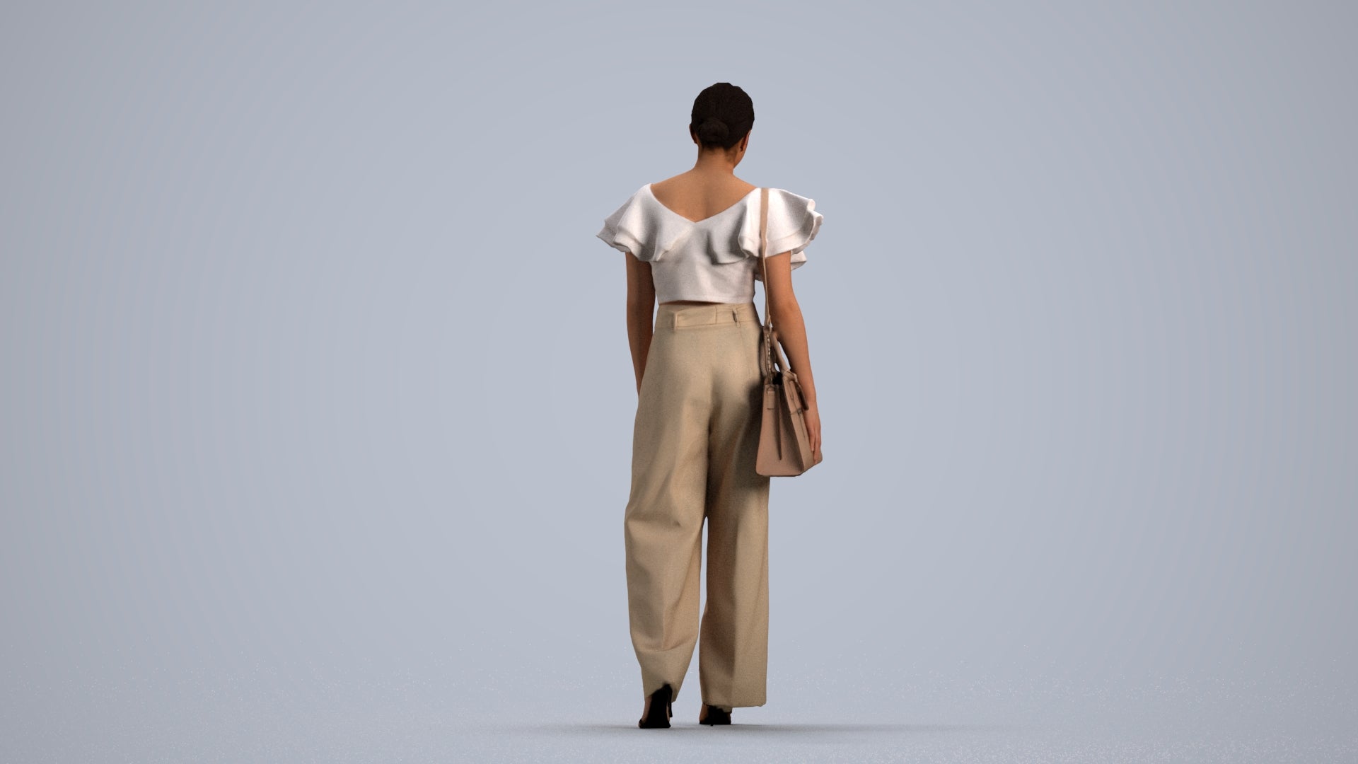 3D scanned woman walking business, photorealistic archviz people for Enscape and SketchUp, front view render