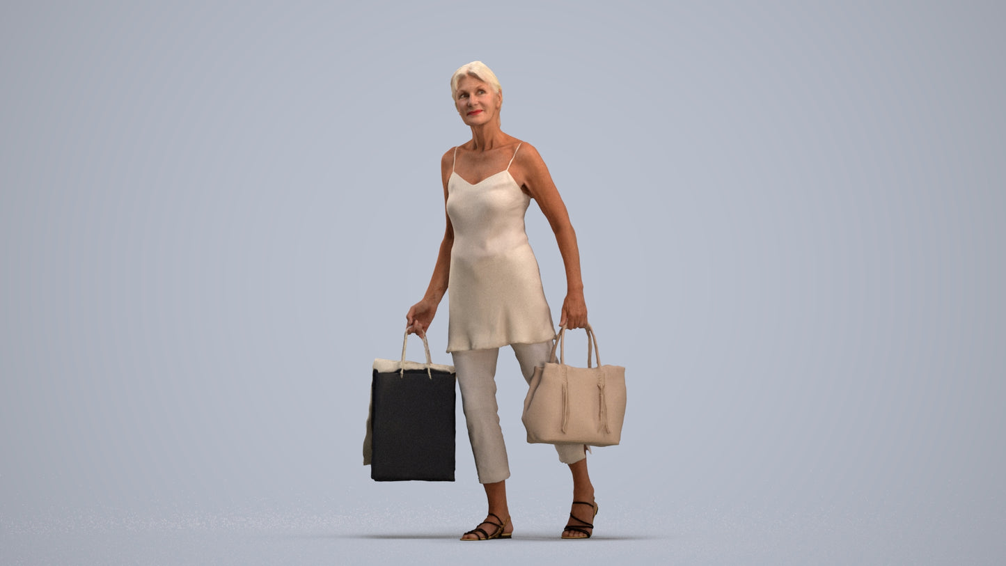 3D human model senior woman casual shopping, photogrammetry scanned person for archviz, standing pose render