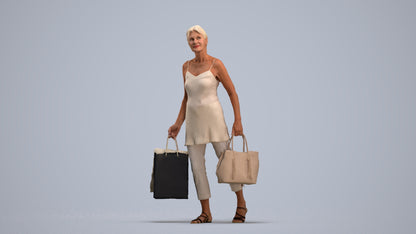 3D human model senior woman casual shopping, photogrammetry scanned person for archviz, standing pose render
