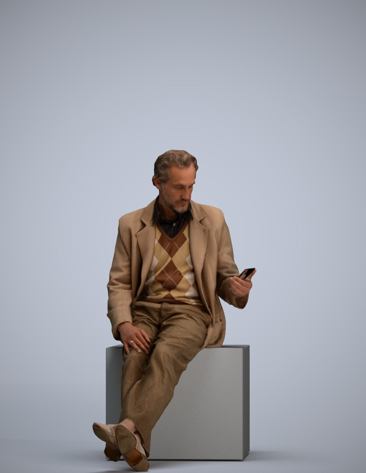 realistic 3D senior man business sitting, scanned archviz people for Blender and 3ds Max