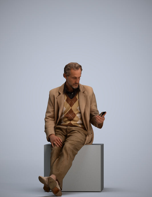 realistic 3D senior man business sitting, scanned archviz people for Blender and 3ds Max