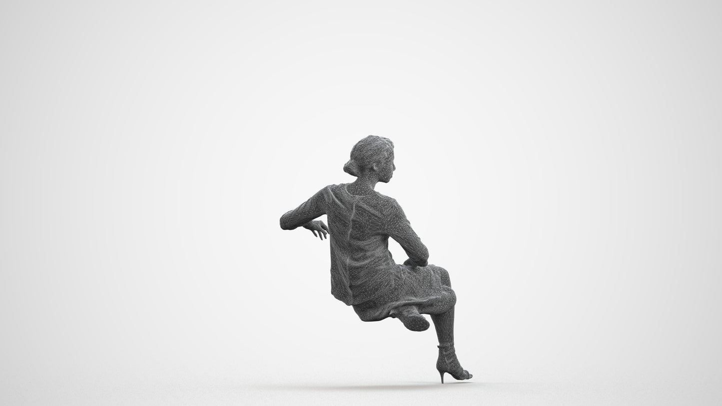 3D scanned woman sitting casual, photorealistic archviz people for Enscape and SketchUp, wireframe front view