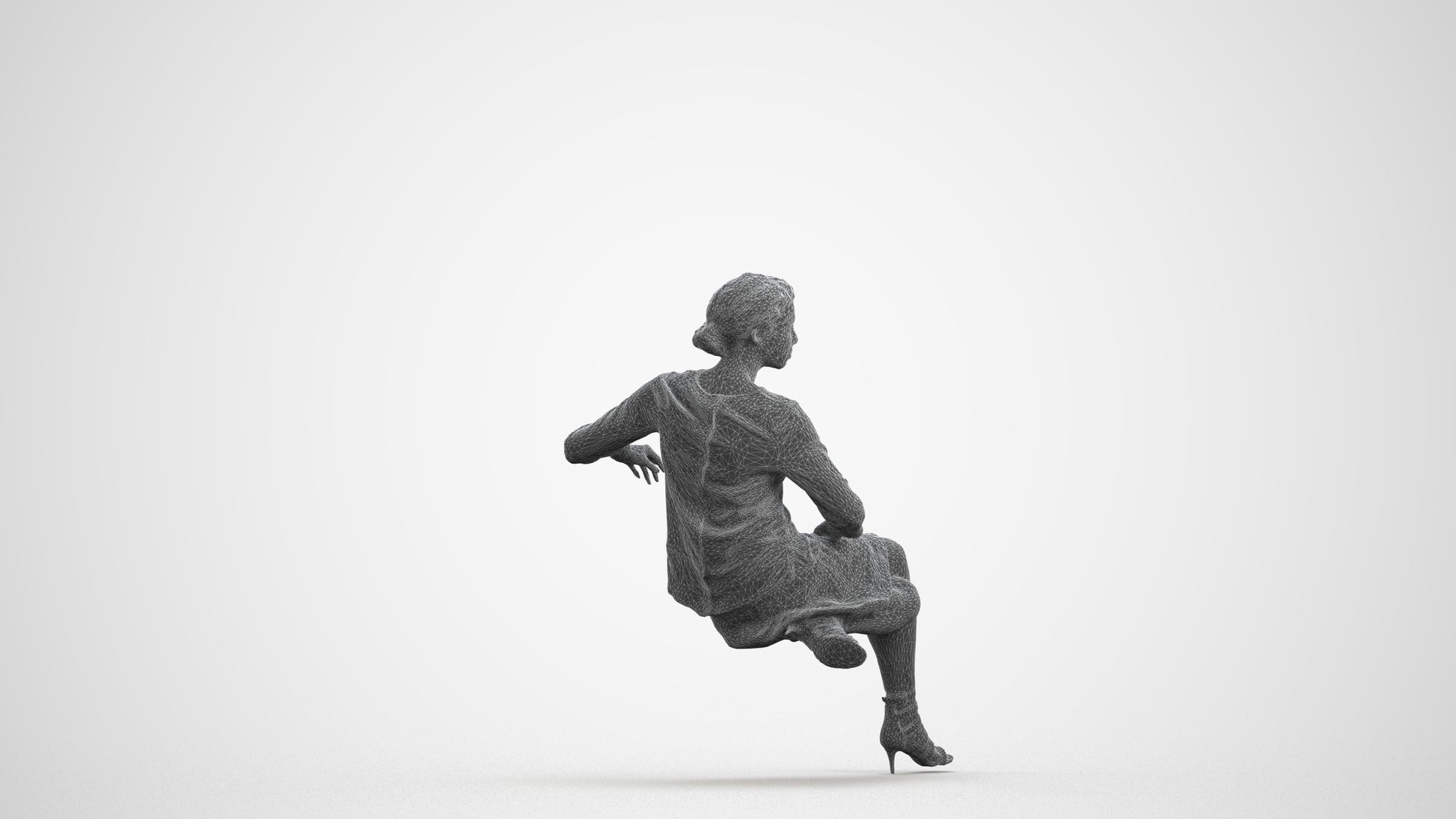 3D scanned woman sitting casual, photorealistic archviz people for Enscape and SketchUp, wireframe front view