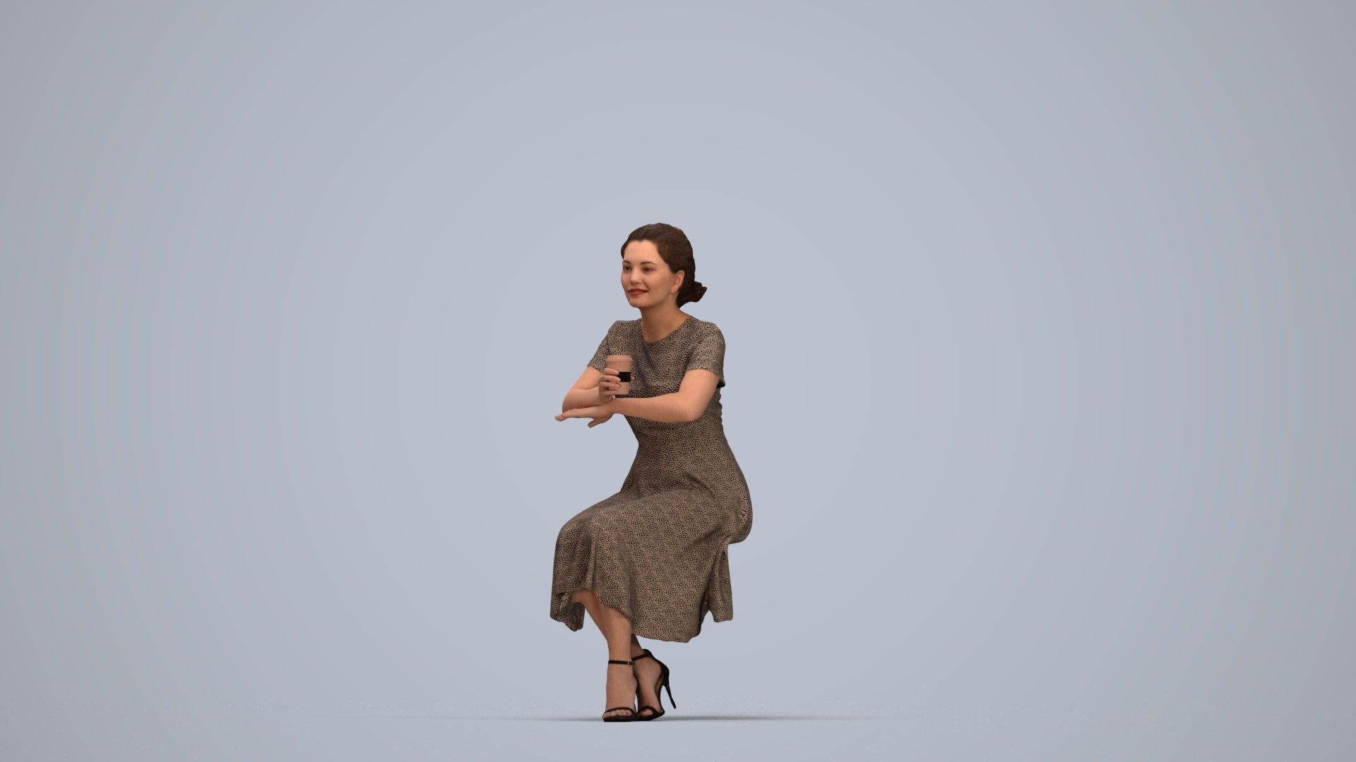 realistic 3D woman casual sitting, scanned archviz people for Blender and 3ds Max, top-down view render