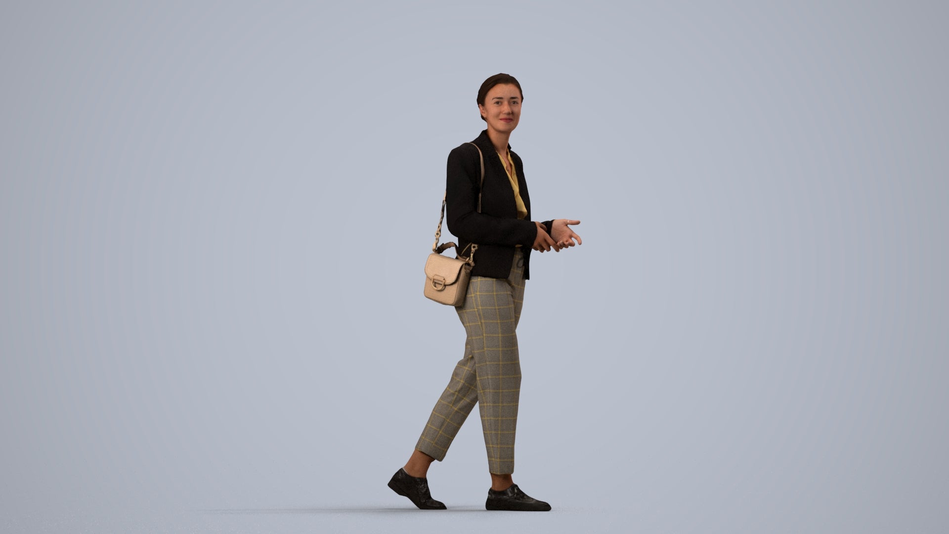 realistic 3D human woman business walking, archviz people FBX OBJ for Blender, side view render