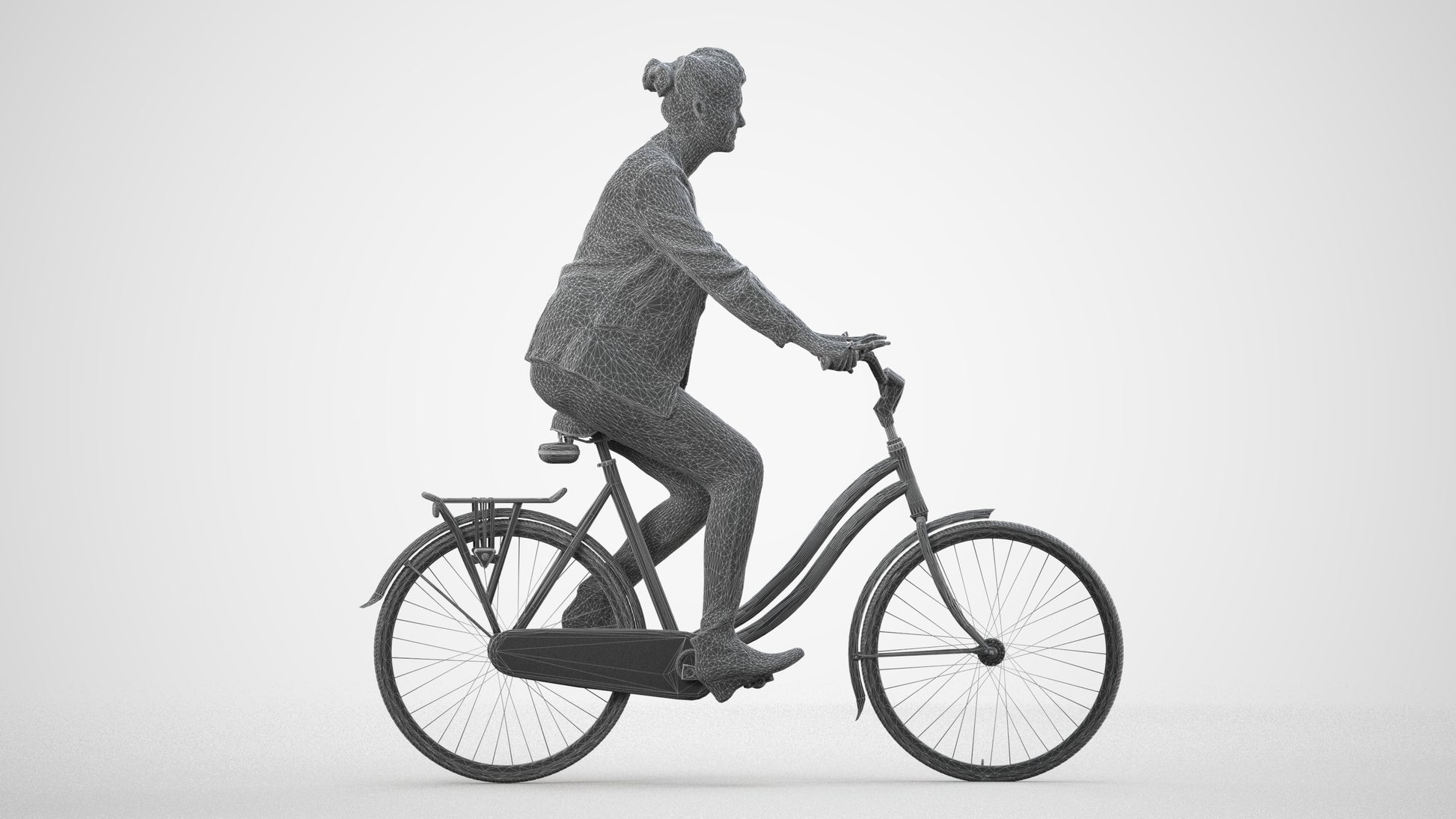 3D people model woman business cycling, scanned human for 3ds Max rendering, wireframe side view