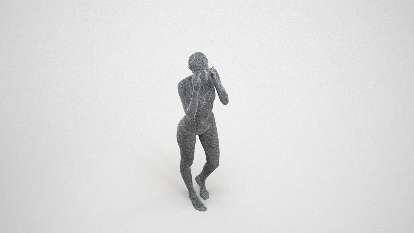realistic 3D human woman bathroom, archviz people FBX OBJ for Blender, wireframe three-quarter view