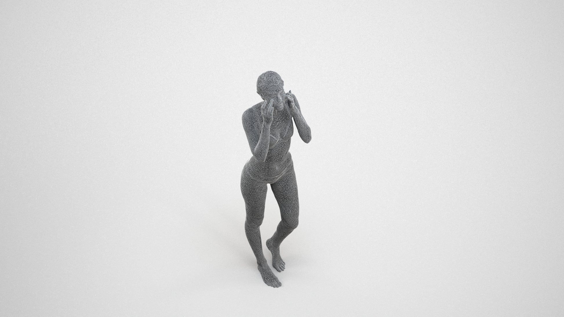 realistic 3D human woman bathroom, archviz people FBX OBJ for Blender, wireframe three-quarter view