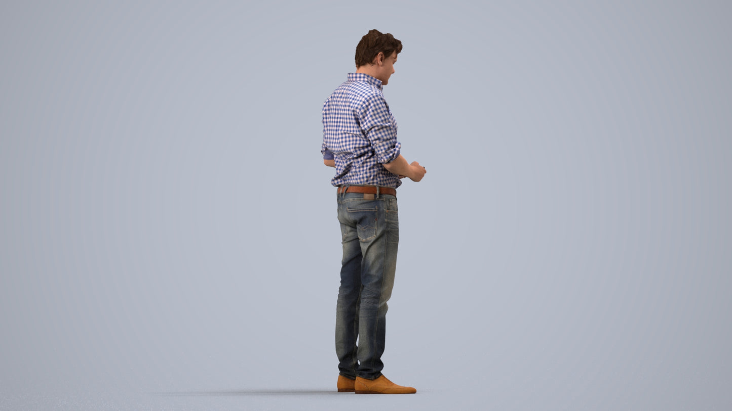 3D scanned man standing casual, photorealistic archviz people for Enscape and SketchUp, side view render
