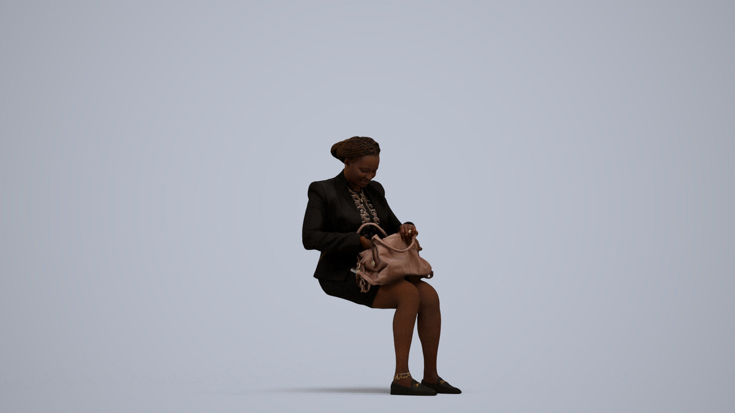 3D human model woman business sitting, photogrammetry scanned person for archviz, standing pose render