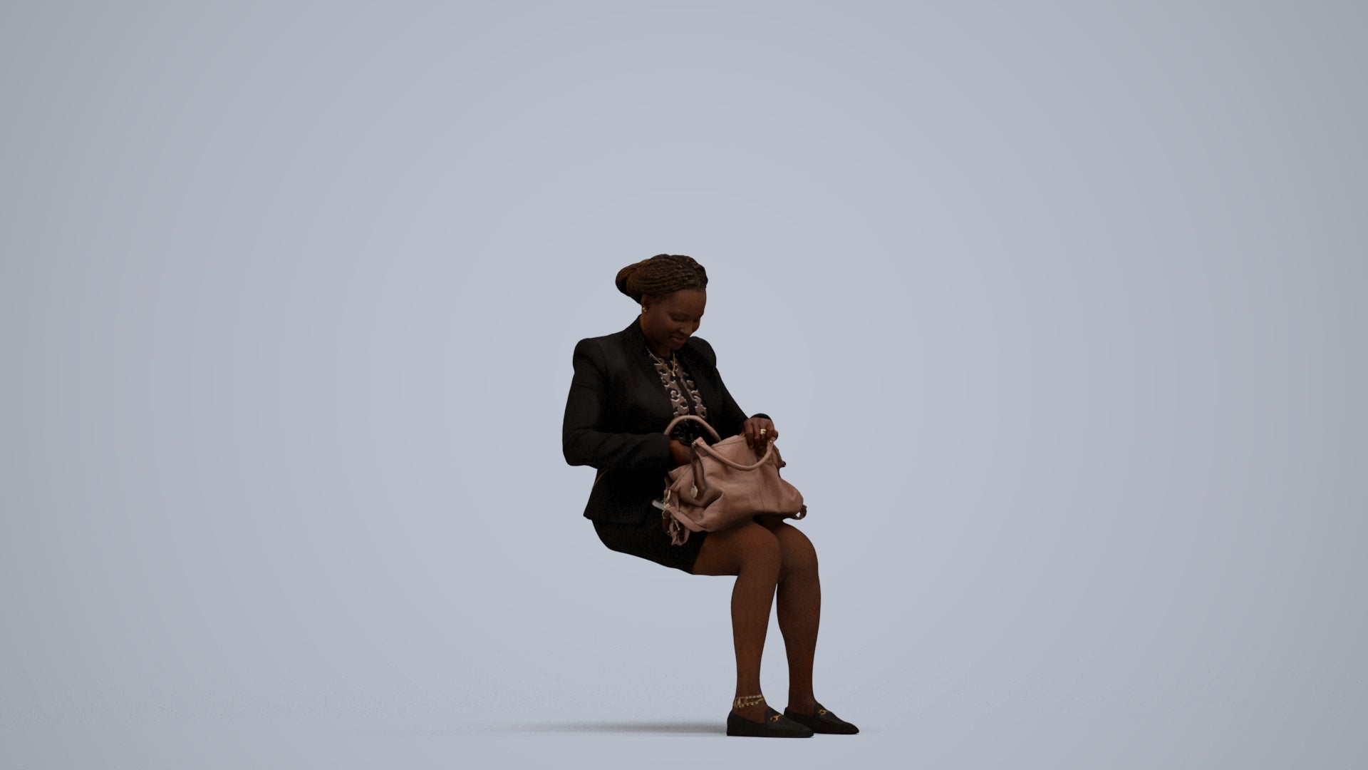 3D human model woman business sitting, photogrammetry scanned person for archviz, standing pose render