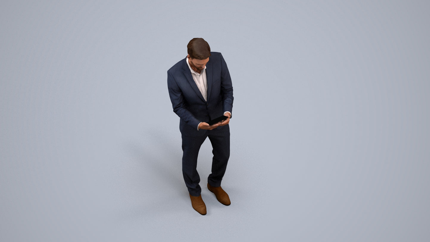 realistic 3D human man business, archviz people FBX OBJ for Blender, back view render