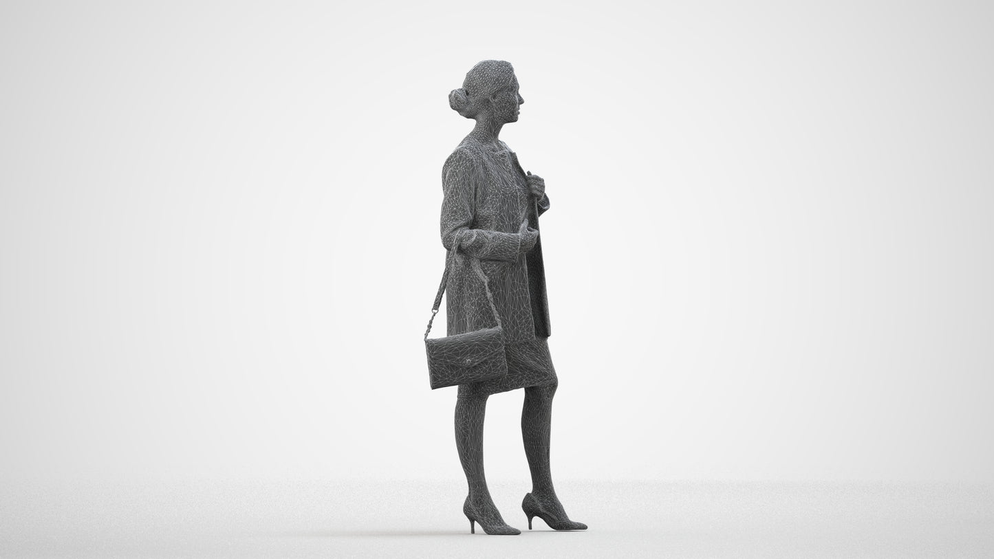 3D scanned woman standing casual, photorealistic archviz people for Enscape and SketchUp, wireframe side view