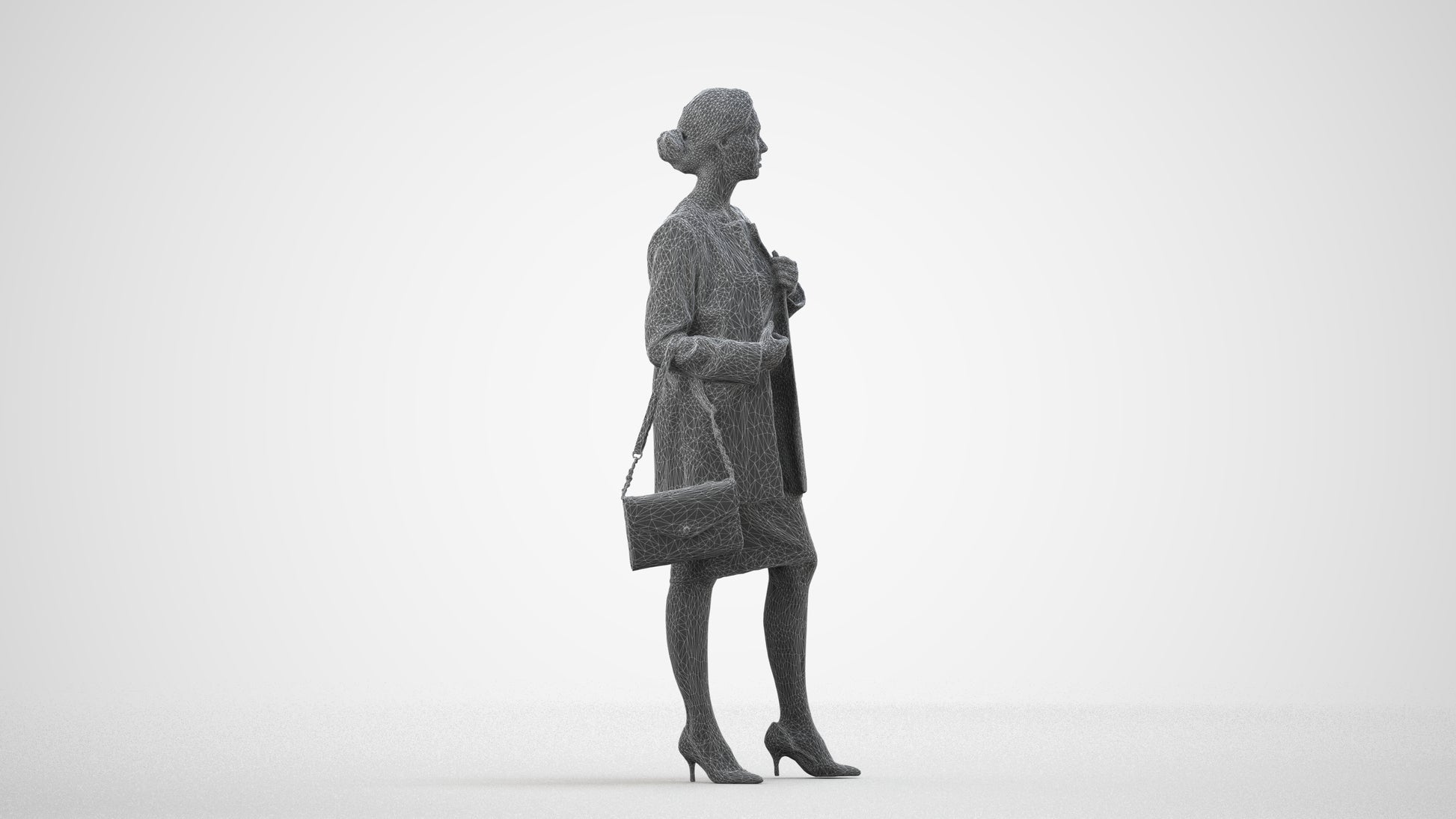 3D scanned woman standing casual, photorealistic archviz people for Enscape and SketchUp, wireframe side view