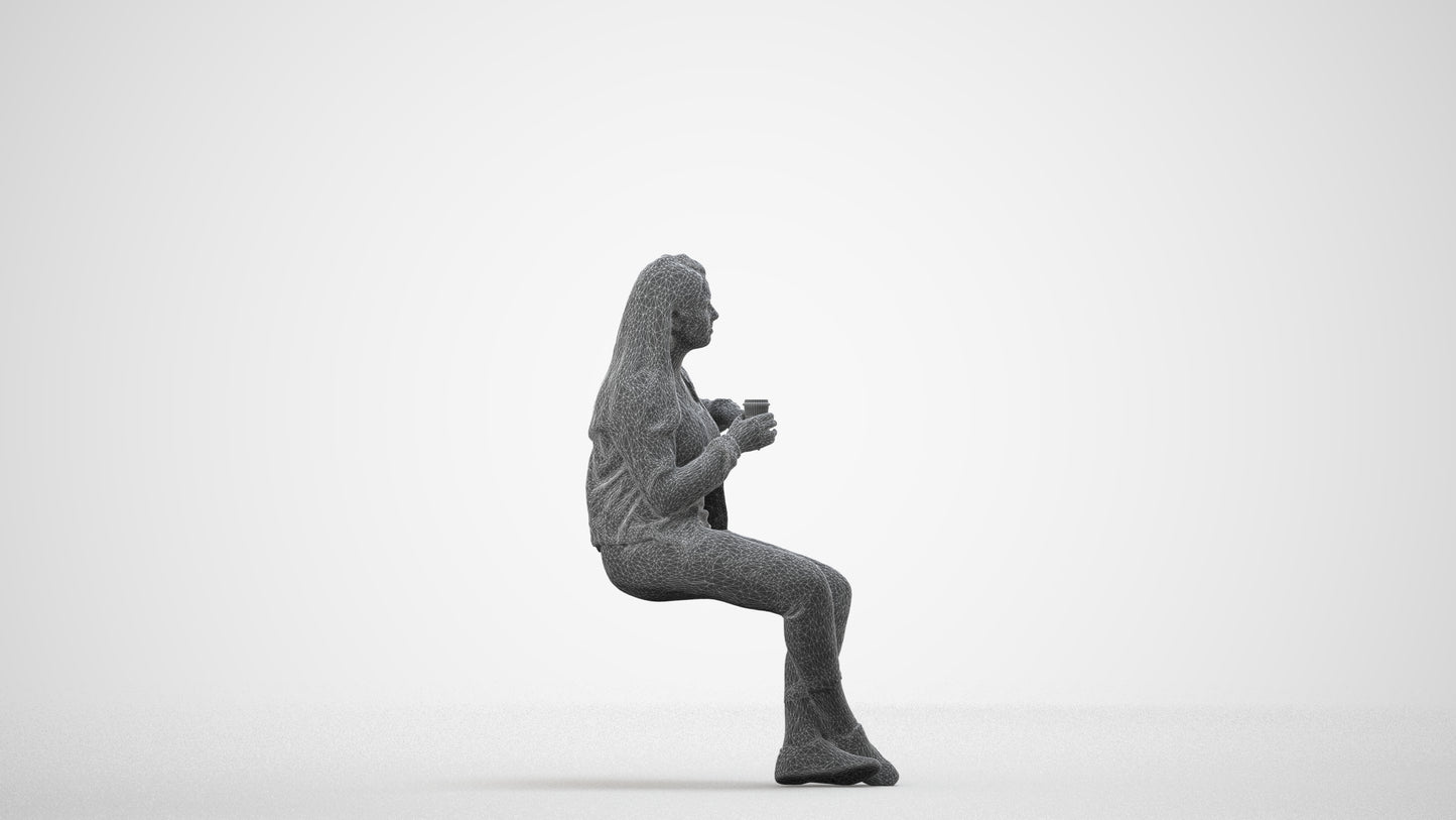 3D people model woman casual sitting, scanned human for 3ds Max rendering, wireframe side view