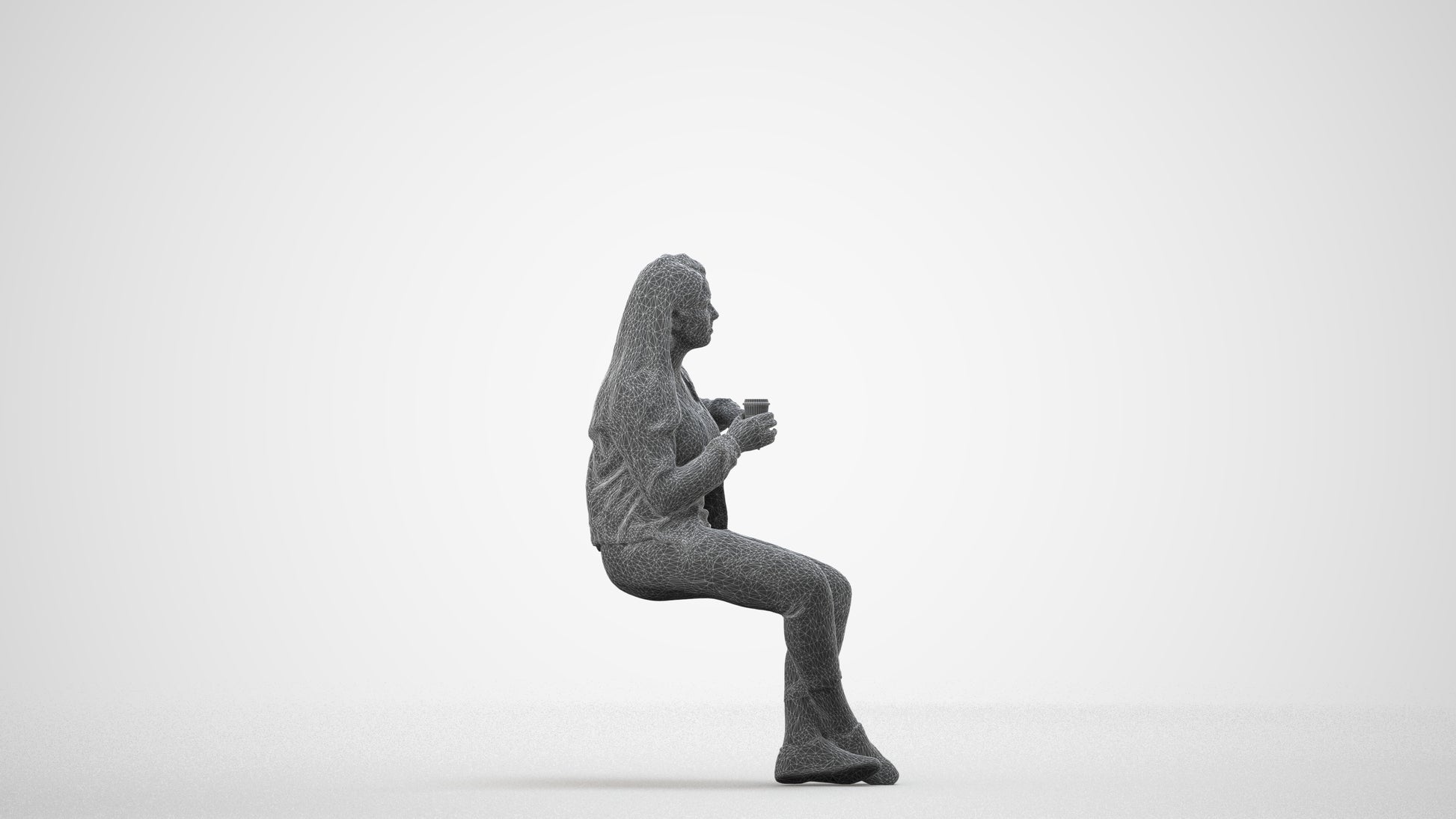 3D people model woman casual sitting, scanned human for 3ds Max rendering, wireframe side view