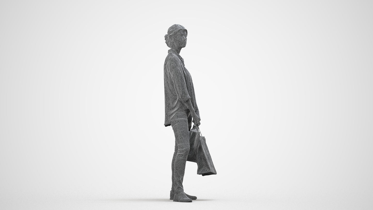realistic 3D human woman casual shopping, archviz people FBX OBJ for Blender, wireframe side view