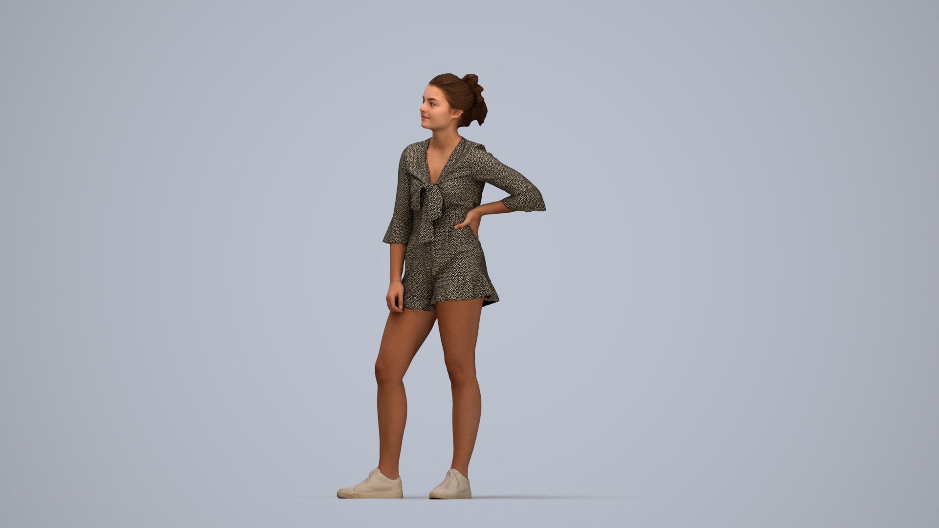 3D human model girl casual kids, photogrammetry scanned person for archviz, top-down view render