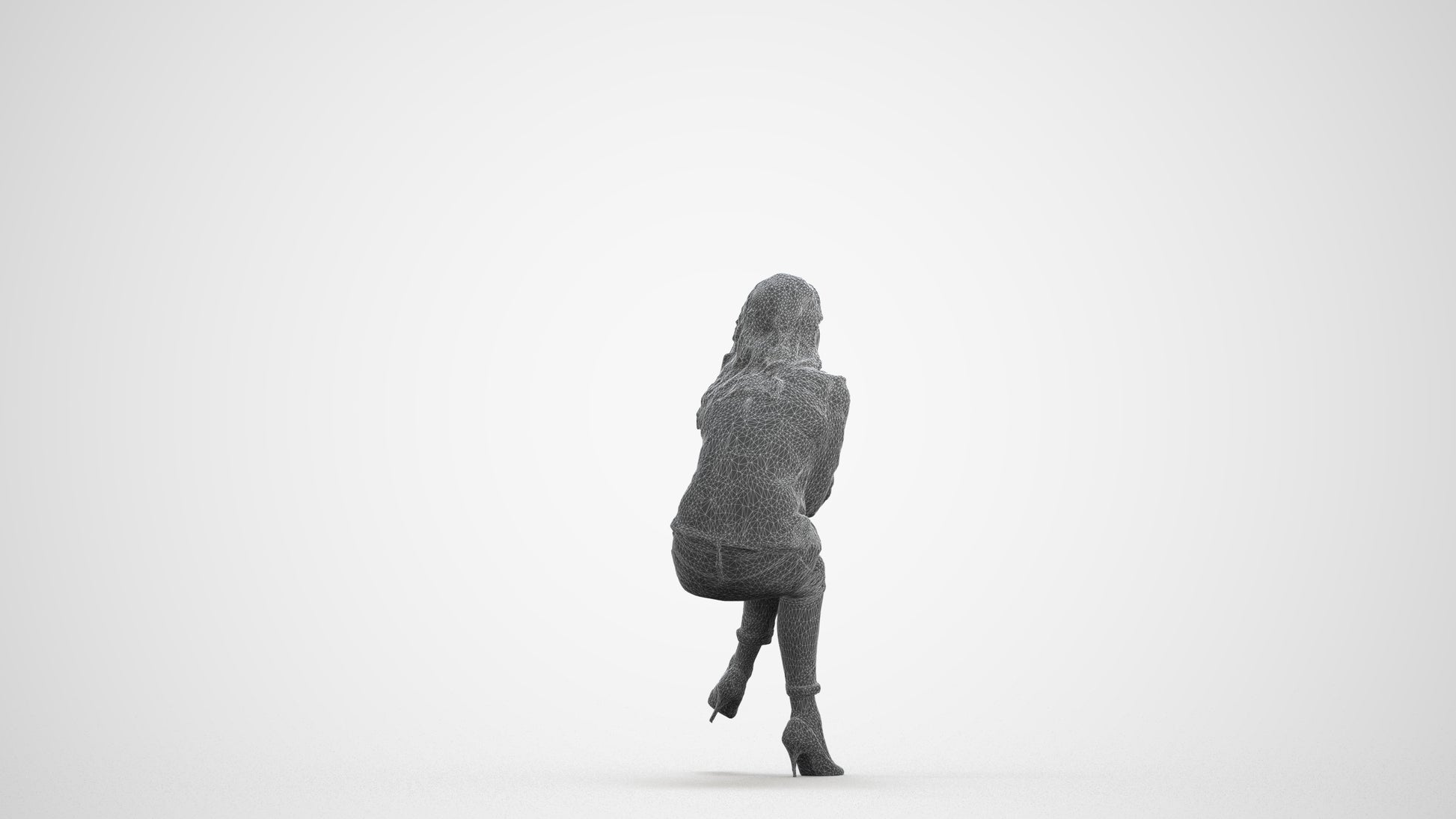realistic 3D human woman casual sitting, archviz people FBX OBJ for Blender, wireframe front view