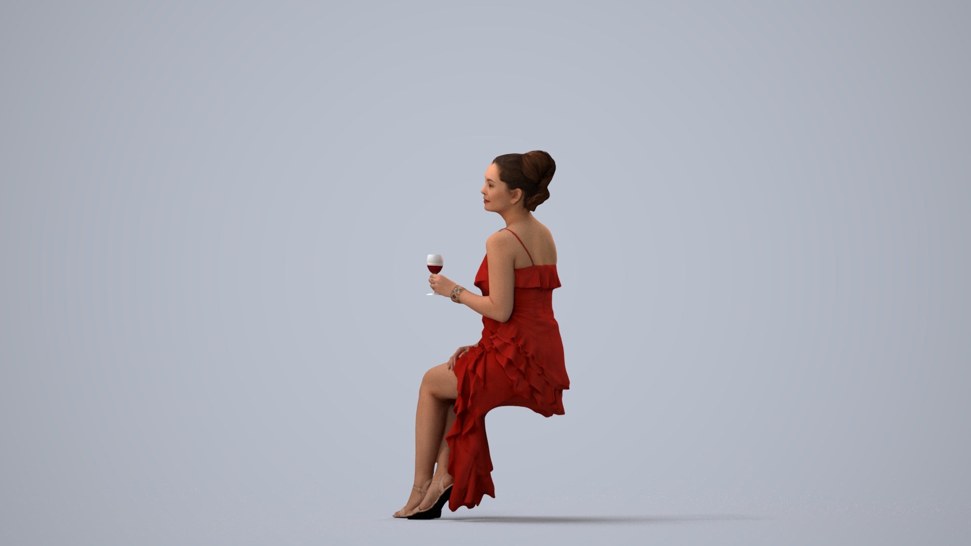 3D human model woman formal formalaffairs, photogrammetry scanned person for archviz, three-quarter view render