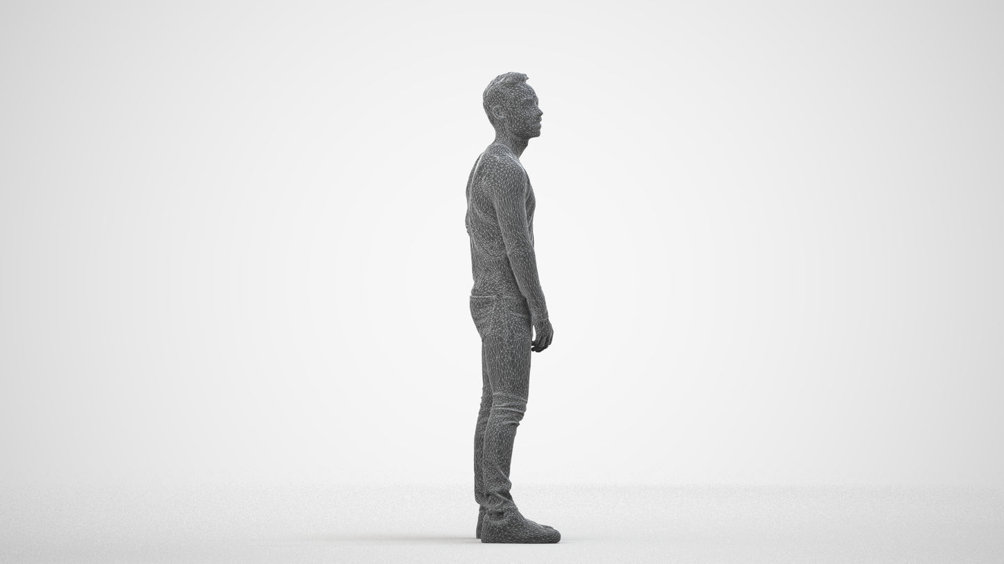 realistic 3D man casual standing, scanned archviz people for Blender and 3ds Max, wireframe side view
