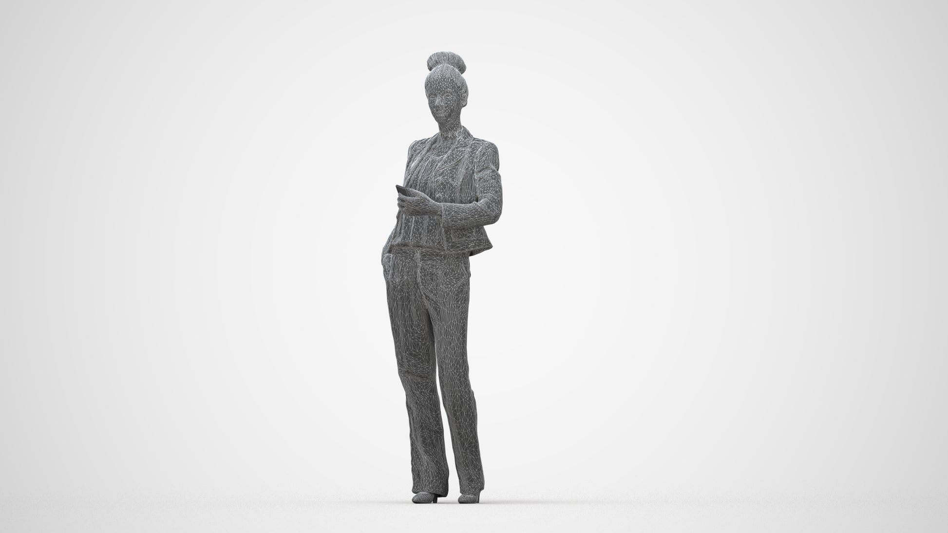 scanned 3D woman business standing, photogrammetry people for Enscape and V-Ray, wireframe back view