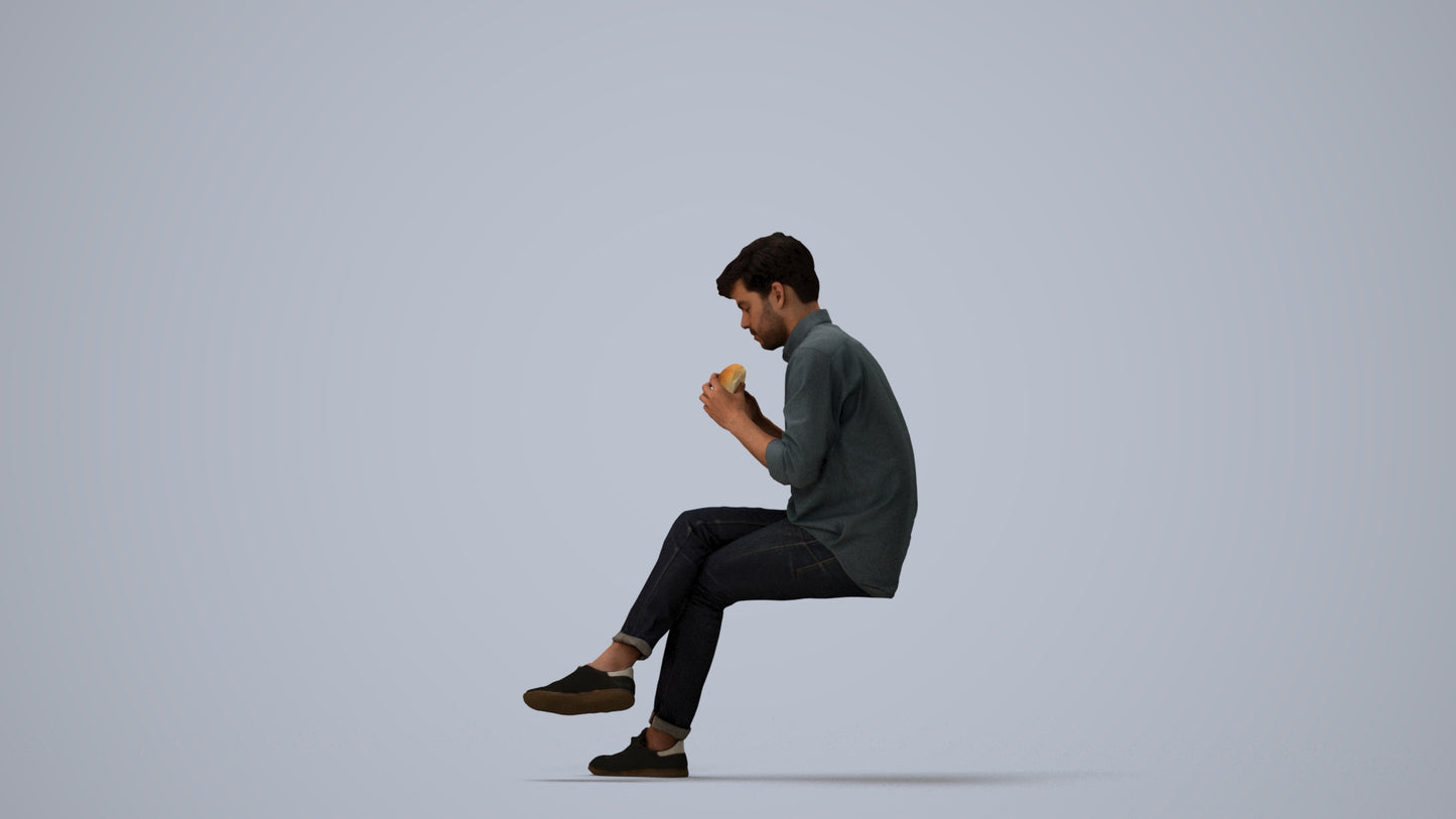 realistic 3D human man casual sitting, archviz people FBX OBJ for Blender, three-quarter view render