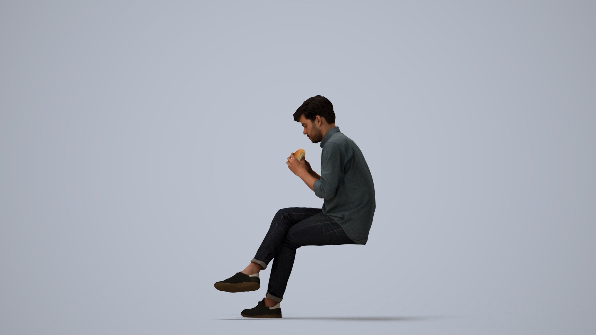 realistic 3D human man casual sitting, archviz people FBX OBJ for Blender, three-quarter view render