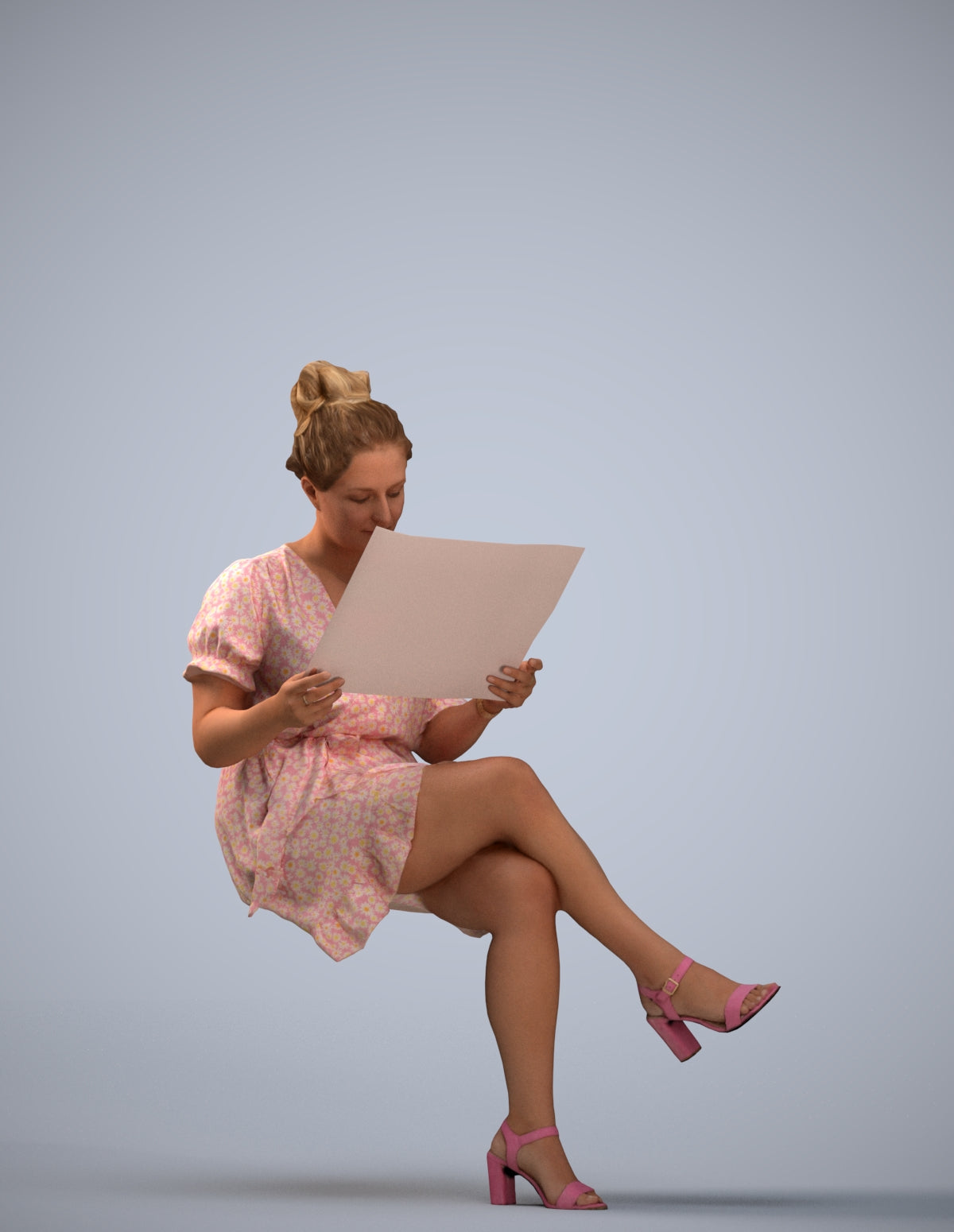photogrammetry 3D woman casual sitting, realistic human model archviz FBX