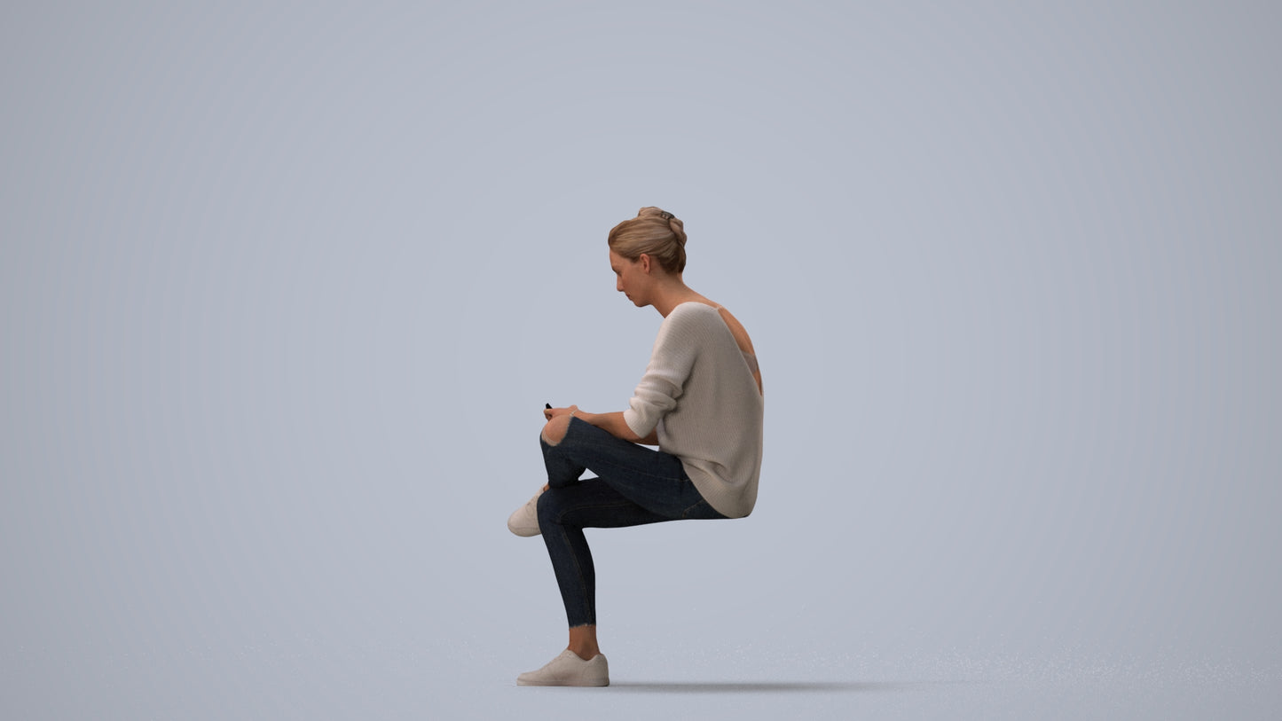 photogrammetry 3D woman casual sitting, realistic human model archviz FBX, three-quarter view render