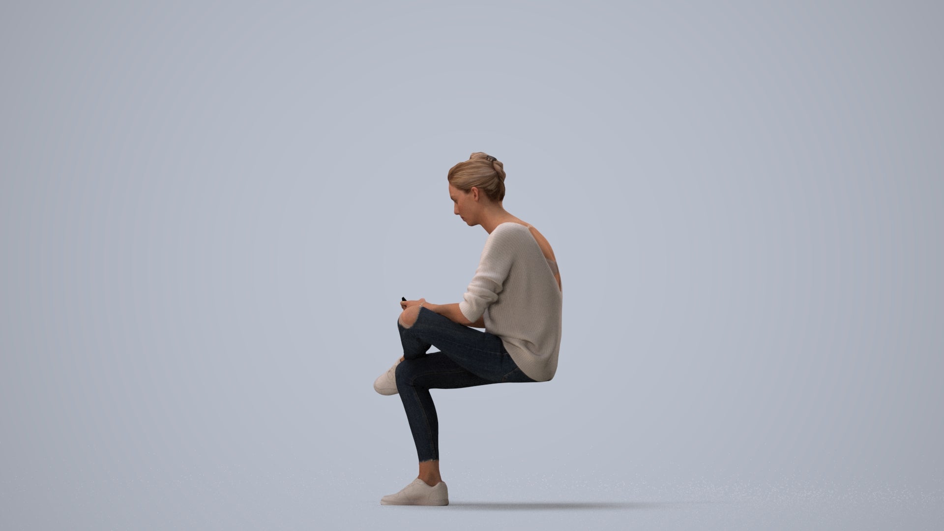 photogrammetry 3D woman casual sitting, realistic human model archviz FBX, three-quarter view render