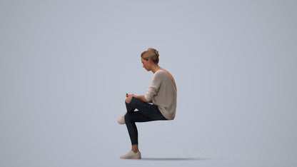 photogrammetry 3D woman casual sitting, realistic human model archviz FBX, three-quarter view render