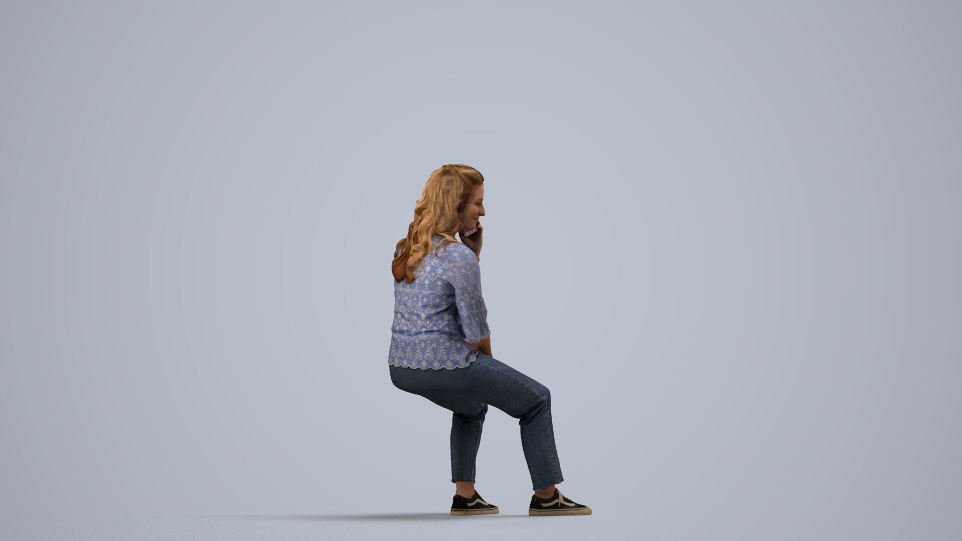 3D people model woman casual sitting, scanned human for 3ds Max rendering, side view render
