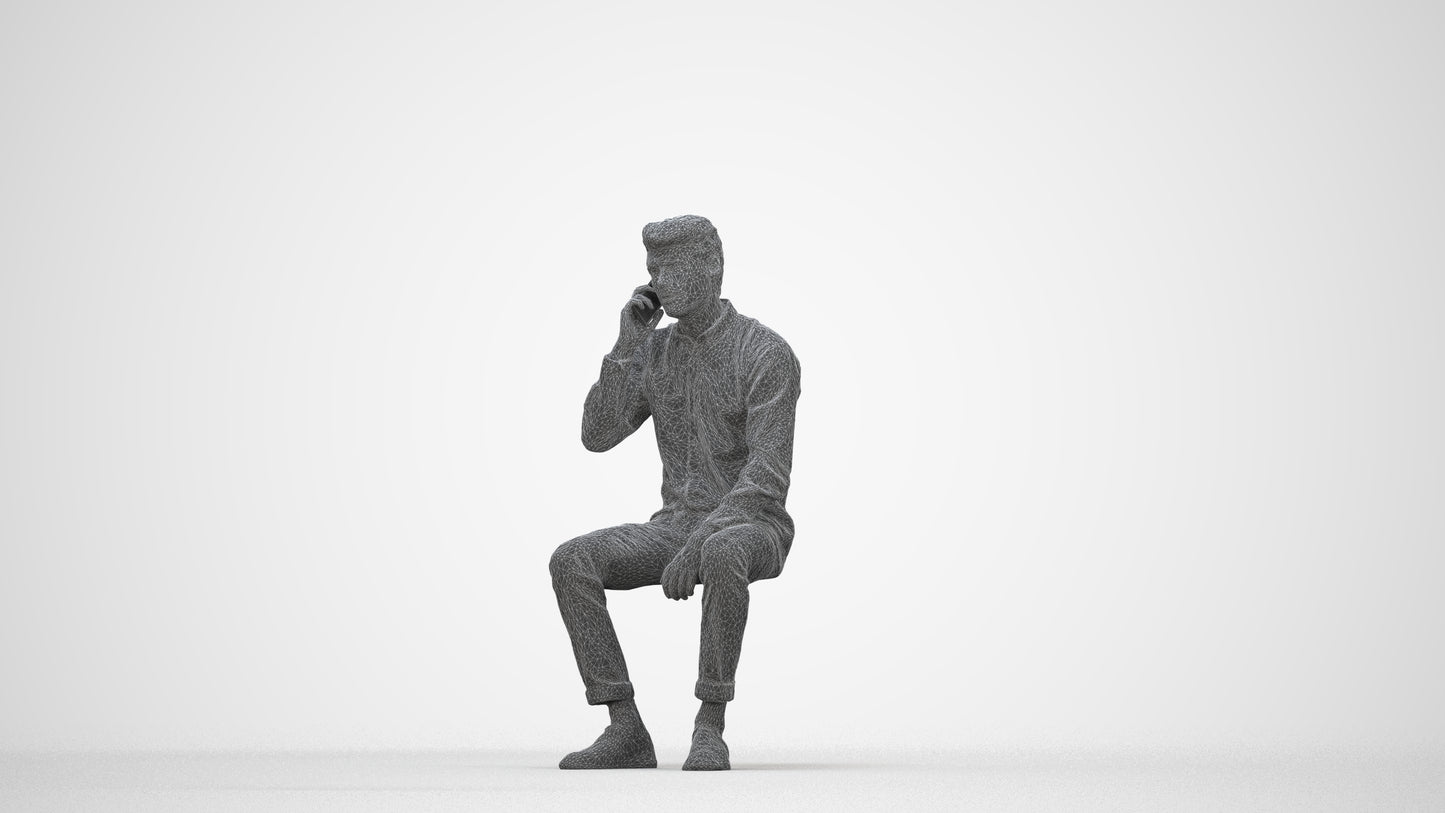 3D people model man casual sitting, scanned human for 3ds Max rendering, wireframe back view