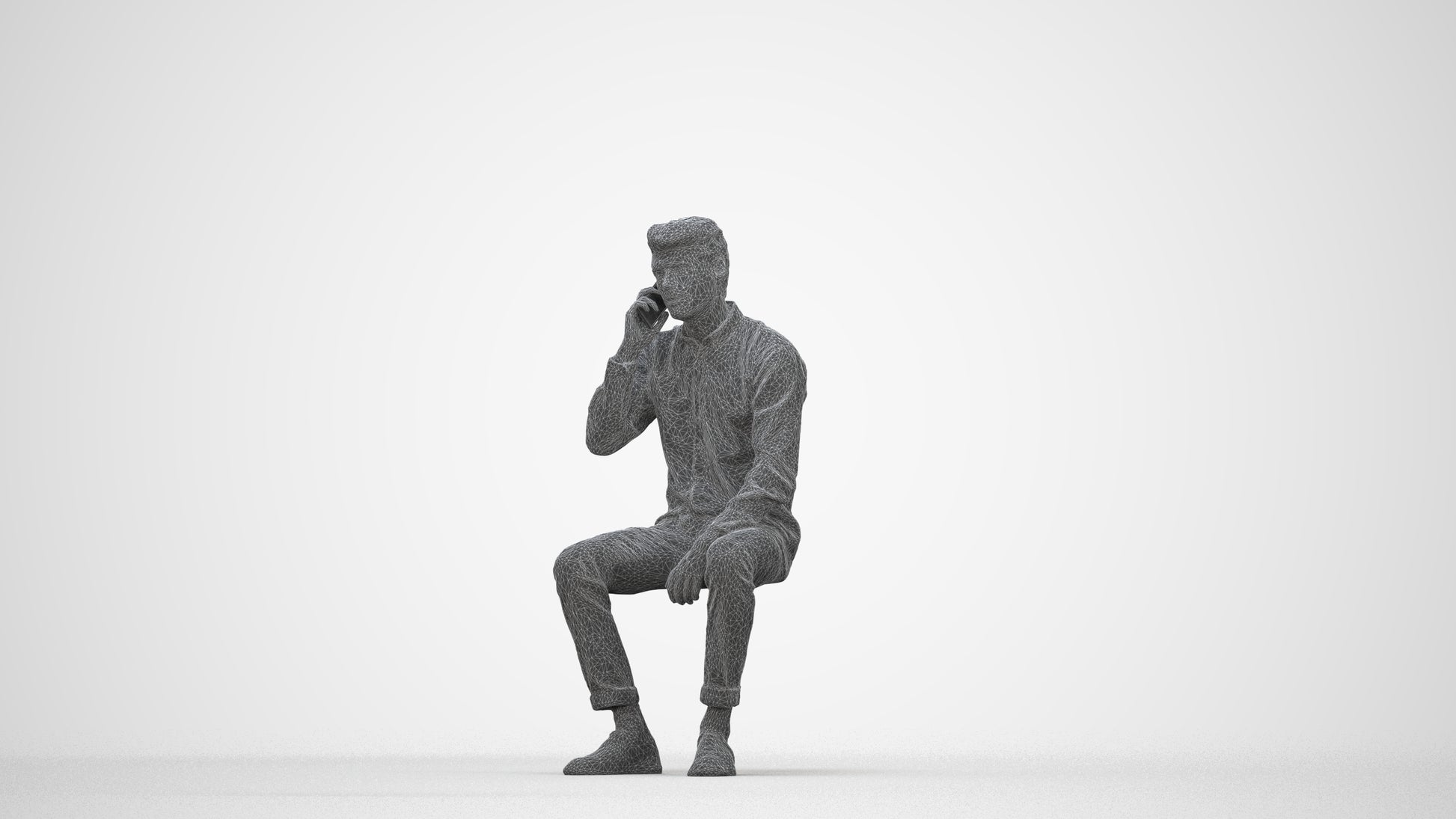 3D people model man casual sitting, scanned human for 3ds Max rendering, wireframe back view
