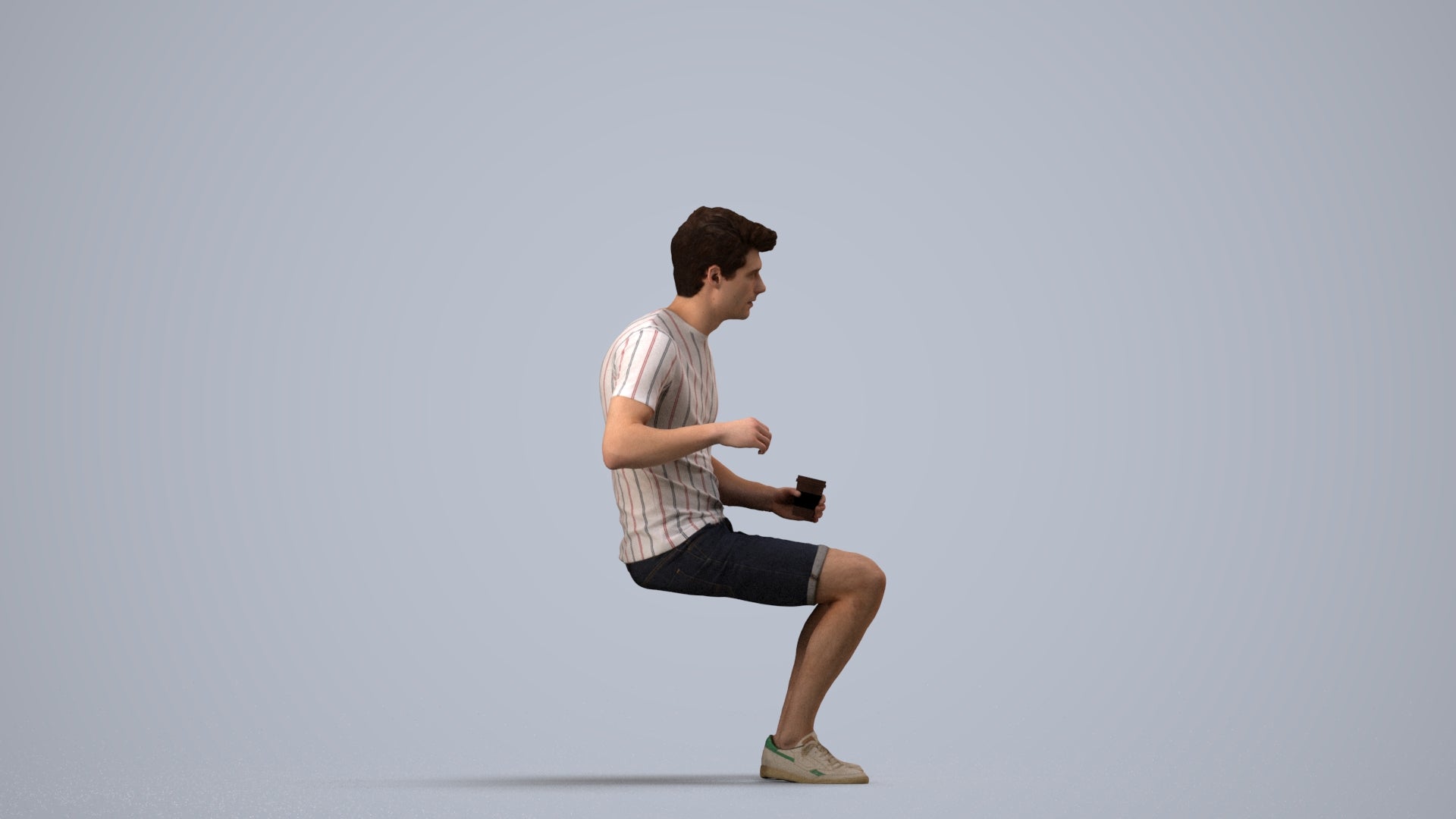 photogrammetry 3D man casual sitting, realistic human model archviz FBX, side view render