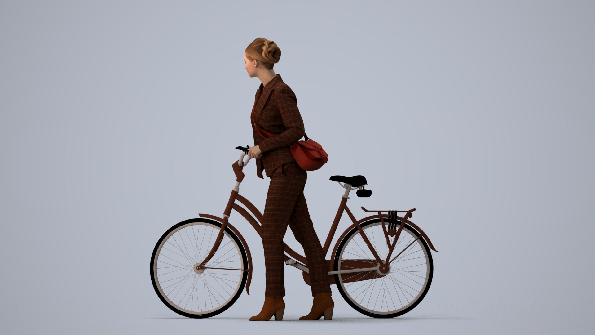 realistic 3D human woman business cycling, archviz people FBX OBJ for Blender, three-quarter view render
