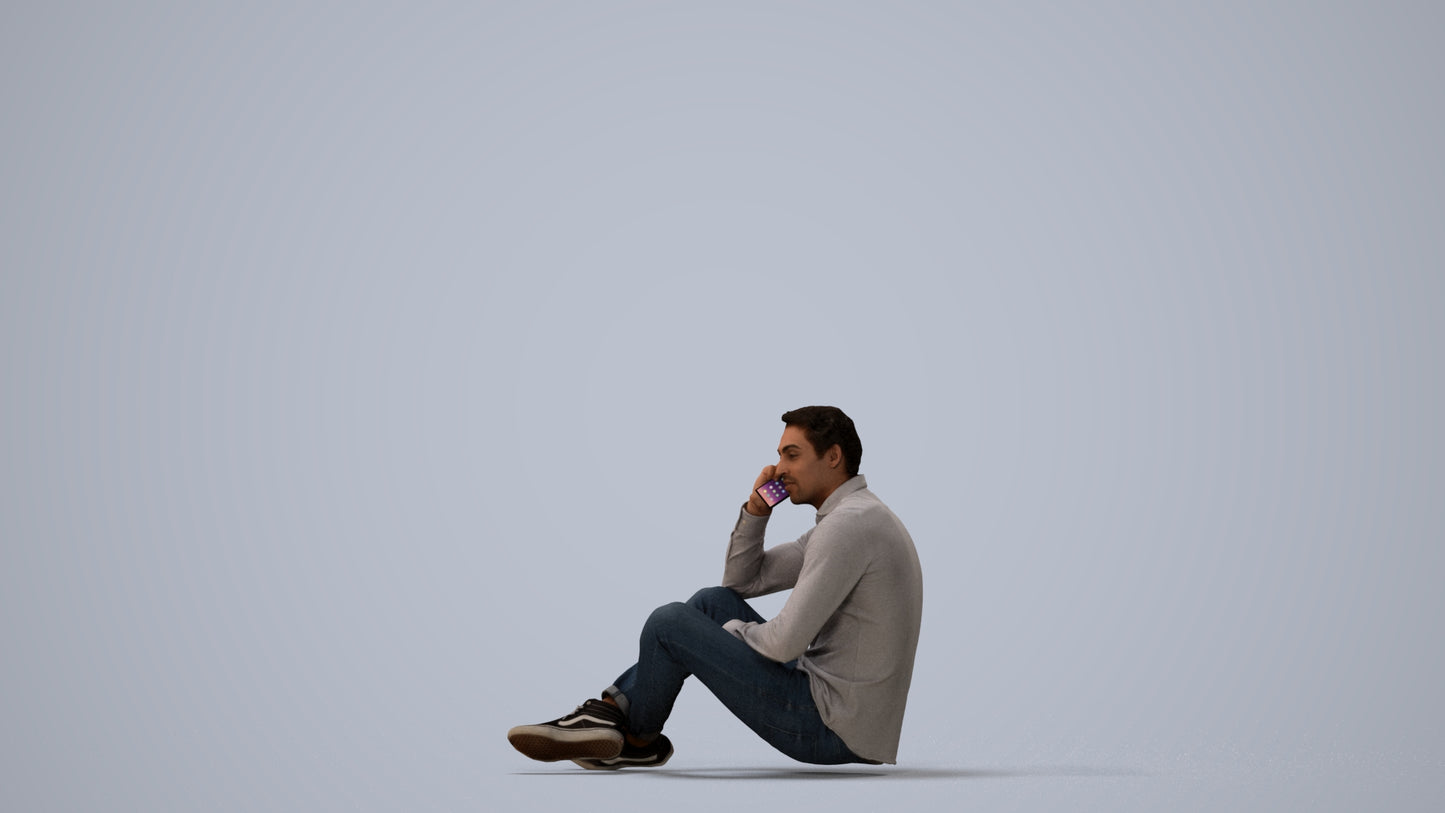 3D scanned man sitting casual, photorealistic archviz people for Enscape and SketchUp, three-quarter view render