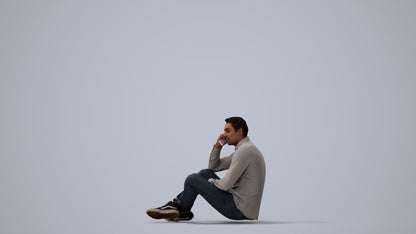 3D scanned man sitting casual, photorealistic archviz people for Enscape and SketchUp, three-quarter view render