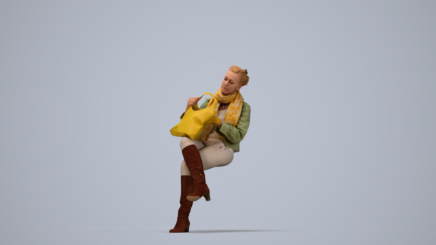 realistic 3D human woman casual sitting, archviz people FBX OBJ for Blender, top-down view render