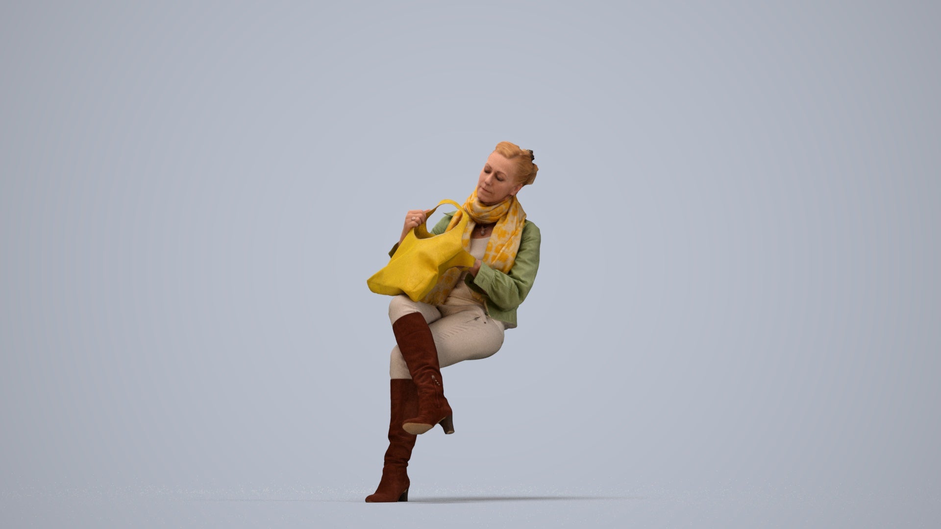 realistic 3D human woman casual sitting, archviz people FBX OBJ for Blender, top-down view render