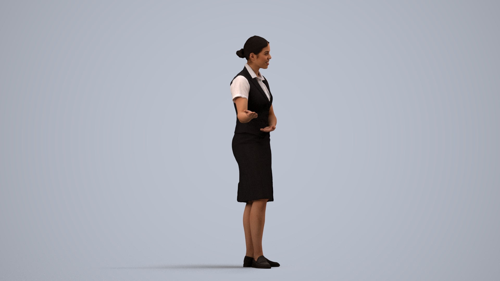 3D scanned woman hospitality, photorealistic archviz people for Enscape and SketchUp, side view render