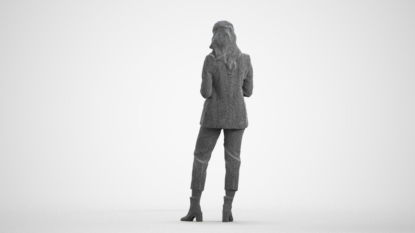 3D human model woman business, photogrammetry scanned person for archviz, wireframe front view