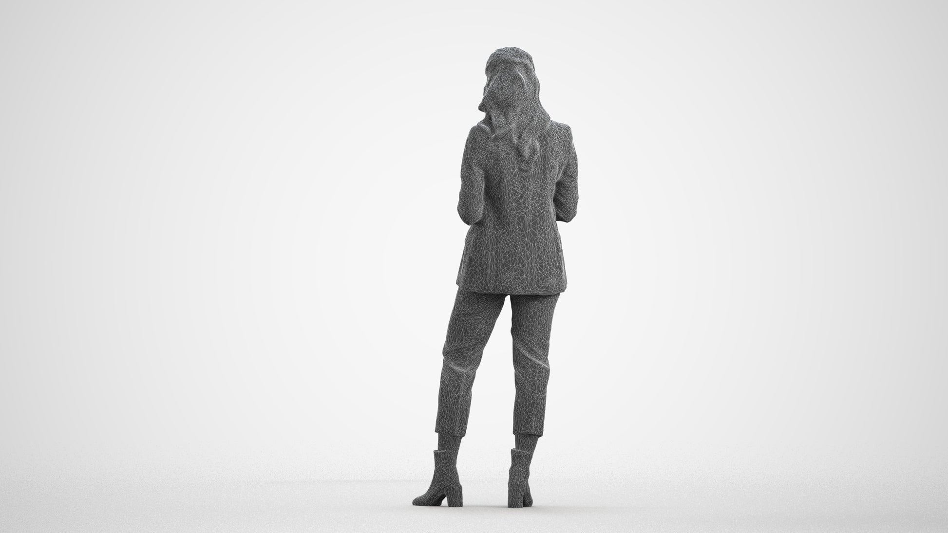 3D human model woman business, photogrammetry scanned person for archviz, wireframe front view