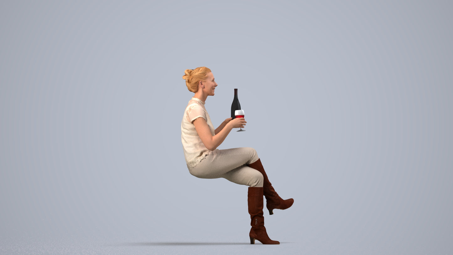 3D human model woman casual sitting, photogrammetry scanned person for archviz, side view render