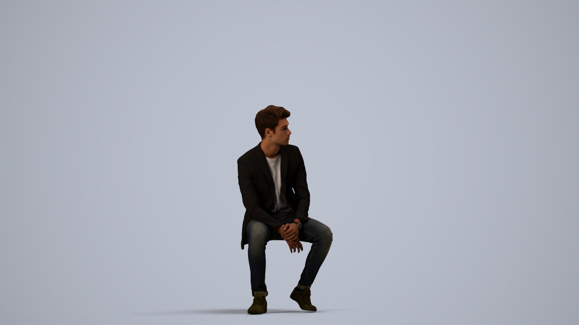3D people model man casual sitting, scanned human for 3ds Max rendering, side view render